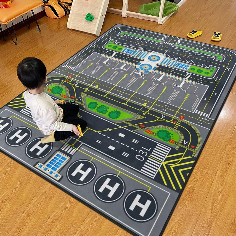 Engree Kids Rugs for Playroom, Aircraft Runway Traffic System Playmat Rugs - 5x7 Ft Kids Carpet Airplane Tarmac Airport Play Mat for Bedroom - Non-Slip Have Fun Safe Nursery Rug - Image 1